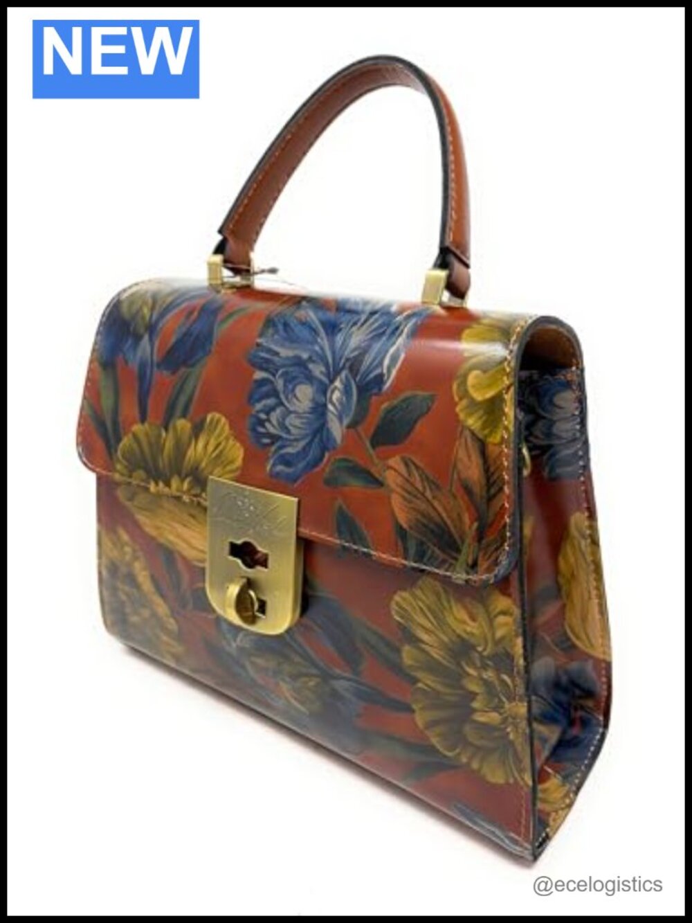 Leather Satchel Crossbody with Turn-Lock Floral Flap